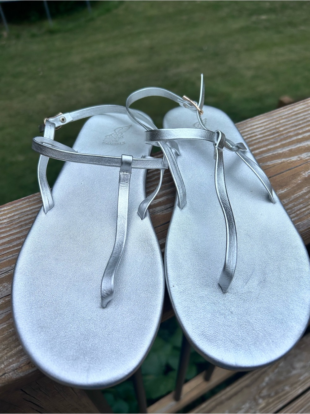 Ancient Greek Sandals Metallic Silver Leather Strappy Flat Sandals size 38